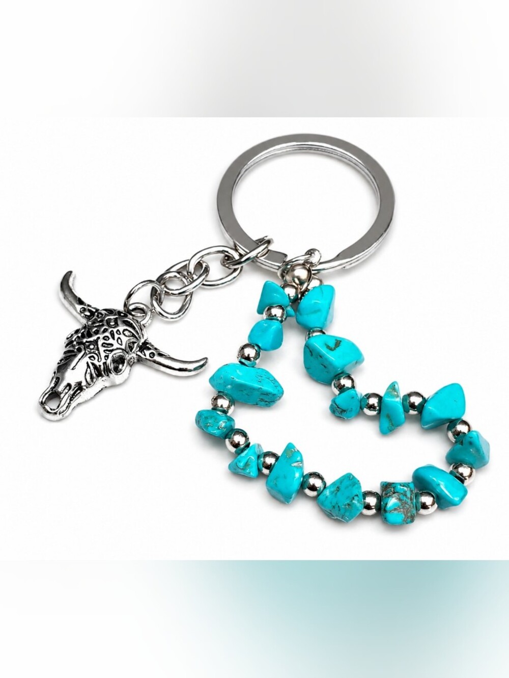 Turquoise Stone Beaded Keychain with Silver Bull Head Charm
